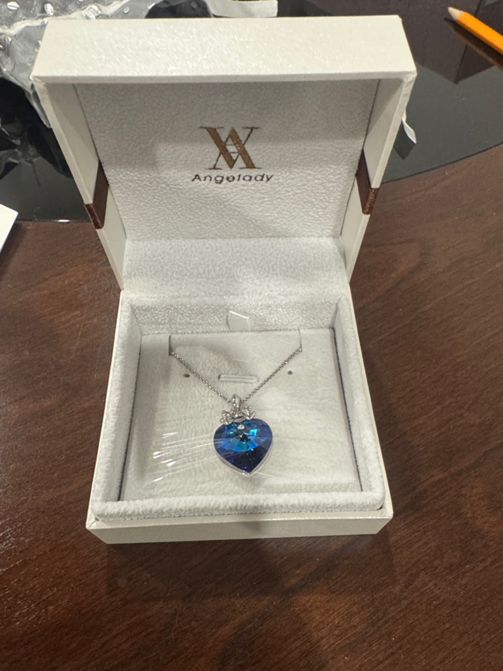 Angel Blue Heart Crystal Pendant Necklace with Silver Chain
